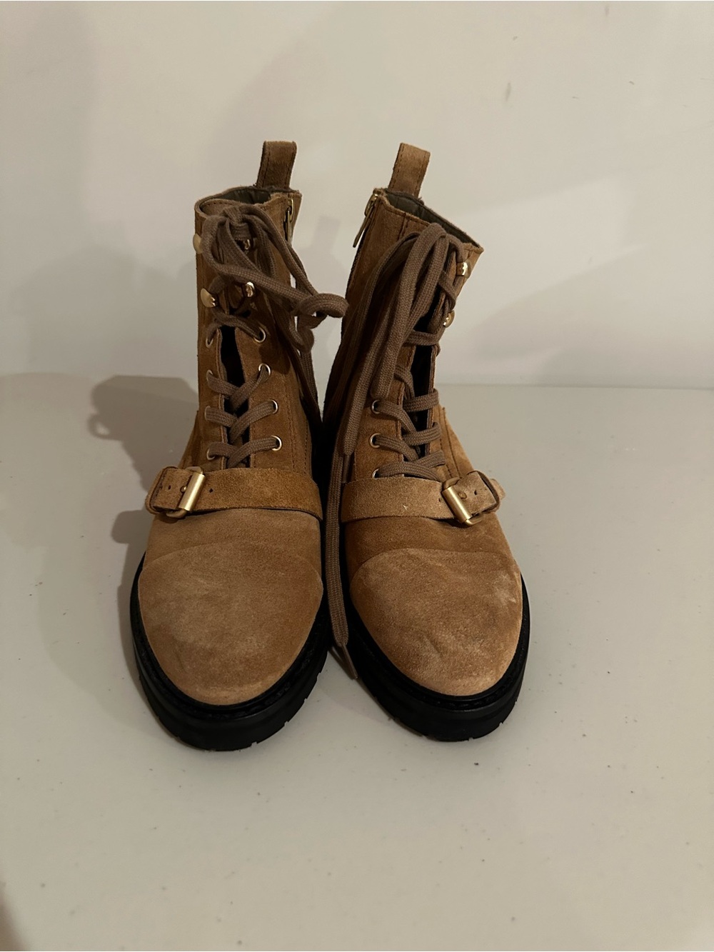 NWOT All Saints Tan Suede Lace-Up Combat Boots w/ Buckle Straps Size 38